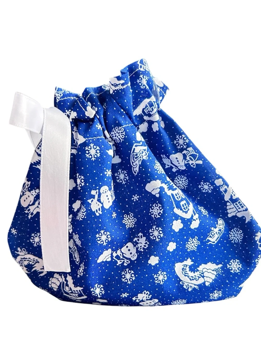 Hand Crafted Holiday Drawstring Gift Bag White Ribbon Eco Friendly Reusable